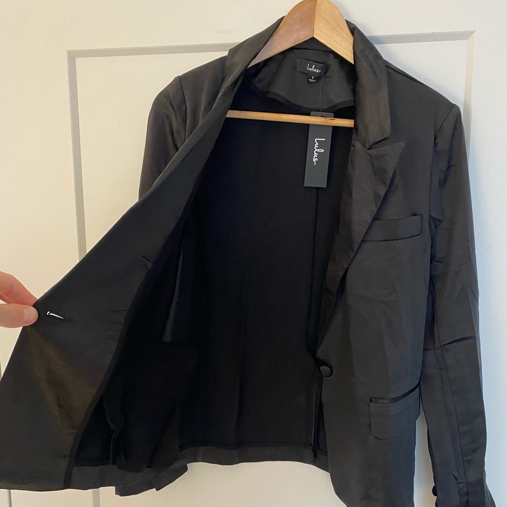 Trending Up Black Satin Blazer by Lulus